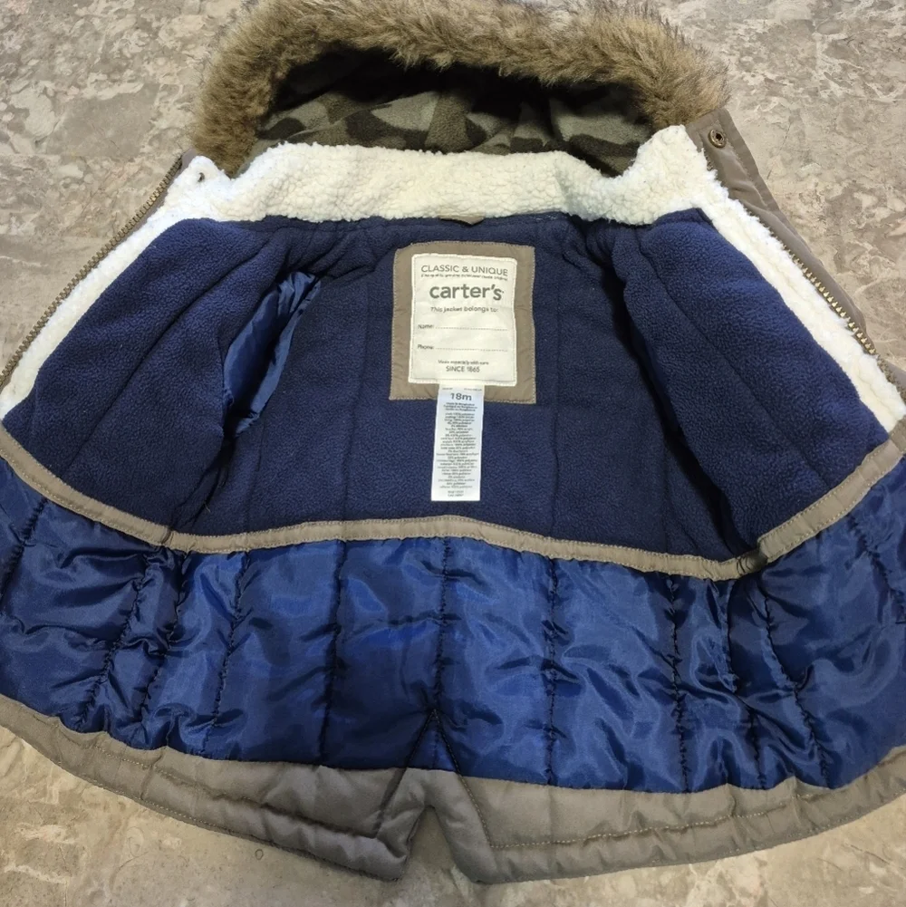 Carter's Tan and Blue Winter Parka with Faux Fur Hood